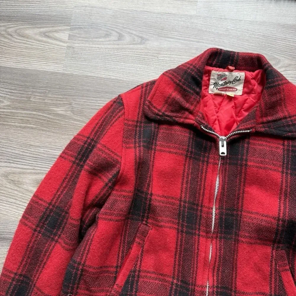VTG 70s Monterey Club Sportswear Red Plaid Wool Jacket Hunting Quilt Lined 42